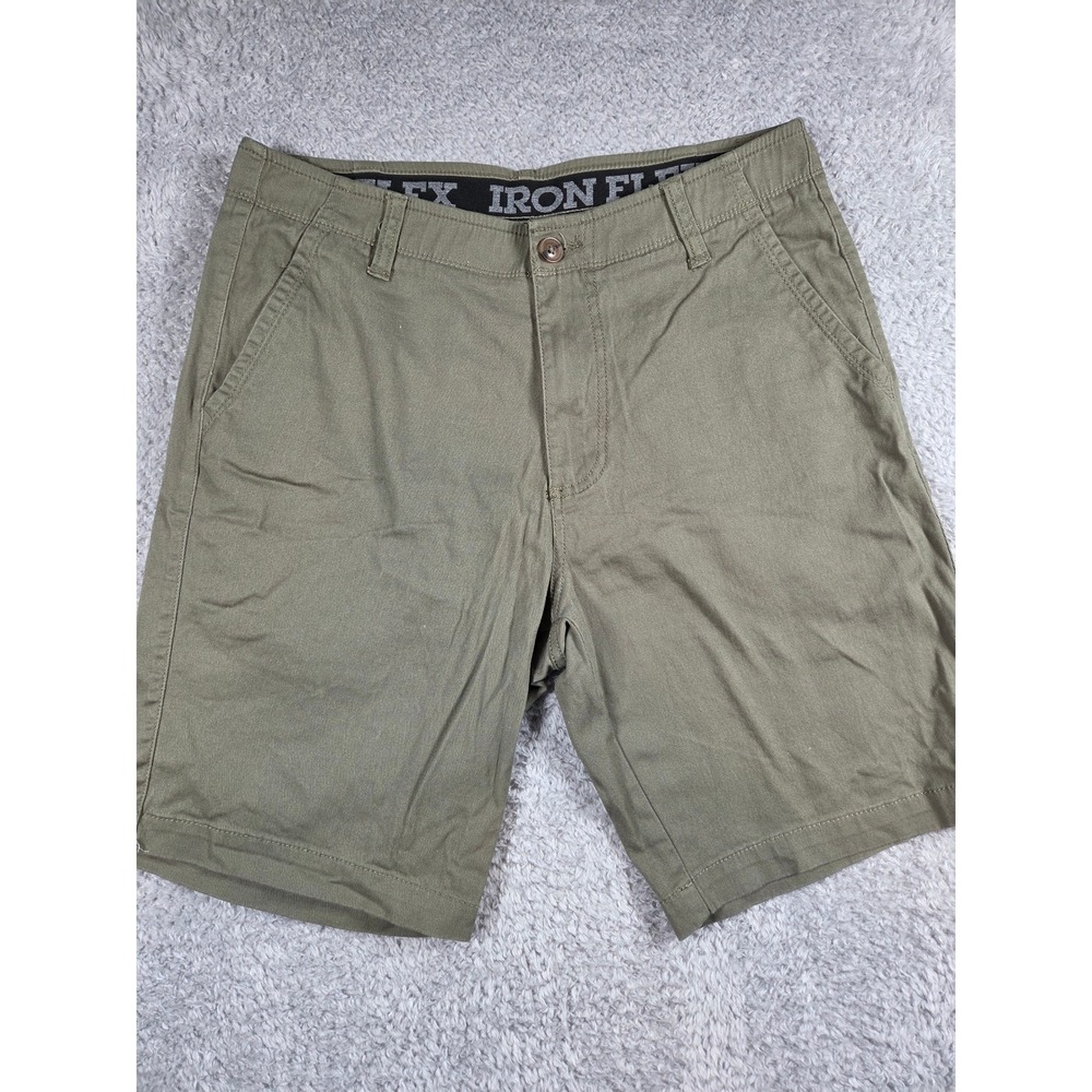 Iron Flex Chino Shorts 32 Olive Green Mens Stretch Flat Front Casual